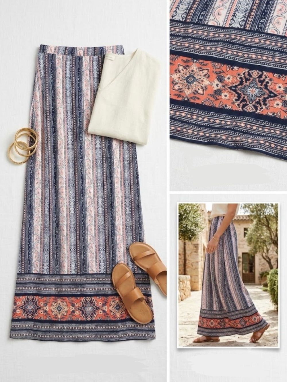 just be Navy & Coral Printed Boho Maxi Skirt
